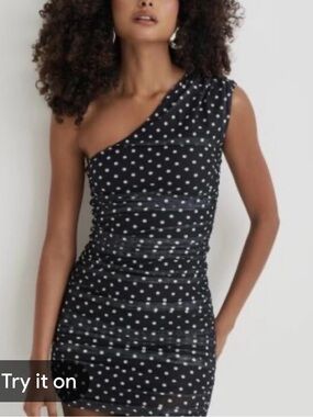 Nordstrom Black One-Shoulder Polka Dot Mini Dress